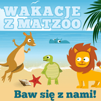 grafika przedstawia kangura, lwa, hipopotama i żółwia na plaży, którzy zachęcają baw się z nami, wakacje z matzoo